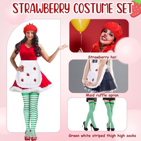 Coume 4 Pcs Halloween Strawberry Cake Costume Beret Hat Maid Cosplay Apron Women Striped Socks Group Team Game Night Party in Saudi Arabia