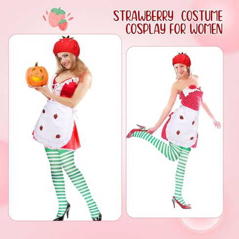 Coume 4 Pcs Halloween Strawberry Cake Costume Beret Hat Maid Cosplay Apron Women Striped Socks Group Team Game Night Party in Saudi Arabia
