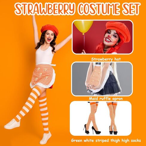 Coume 4 Pcs Halloween Strawberry Cake Costume Beret Hat Maid Cosplay Apron Women Striped Socks Group Team Game Night Party in Saudi Arabia