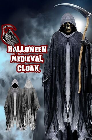 Halloween Horror Grim Reaper Costume Men Scary Cloak Witch Costume Men Women Hooded Cape for Adult Cosplay Props in Saudi Arabia