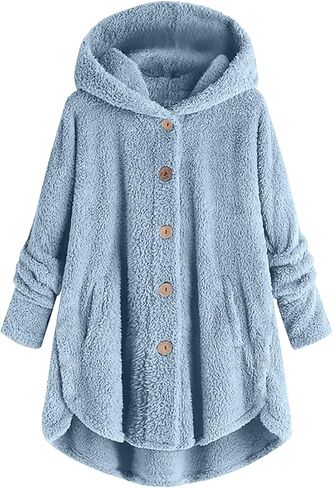 Girls Fuzzy Fleece Jacket Fall Winter Teddy Coat Long Plush Hoodies with Pockets Button Down Sherpa Outwear Clothes in Saudi Arabia
