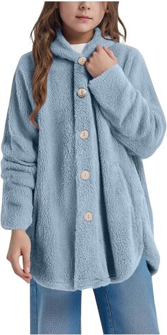 Girls Fuzzy Fleece Jacket Fall Winter Teddy Coat Long Plush Hoodies with Pockets Button Down Sherpa Outwear Clothes in Saudi Arabia
