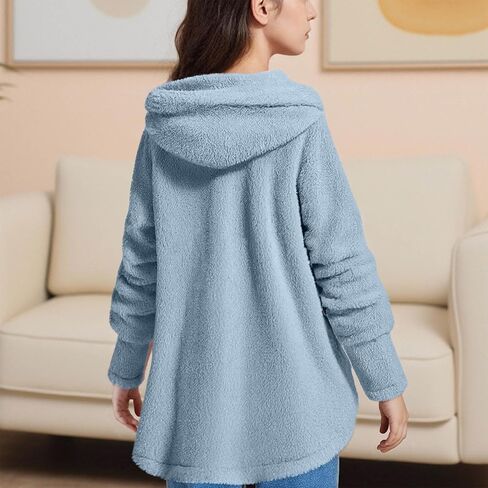 Girls Fuzzy Fleece Jacket Fall Winter Teddy Coat Long Plush Hoodies with Pockets Button Down Sherpa Outwear Clothes in Saudi Arabia