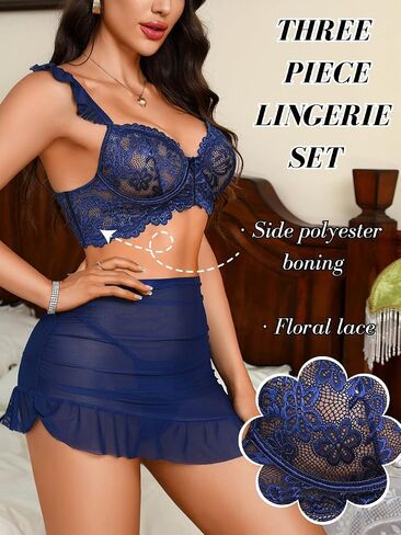 الدانتيل الأزهار مثير الملابس الداخلية للنساء ، والملابس الداخلية underwire 3 قطع 3 قطع مع تنورة شبكة in Saudi Arabia
