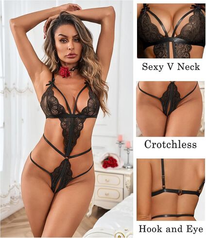 Kolagri Sexy Crotchless Lingerie for Women Naughty One Piece Deep V Lace Bodysuit Cut Out Teddy Babydoll Nightgown in Kuwait
