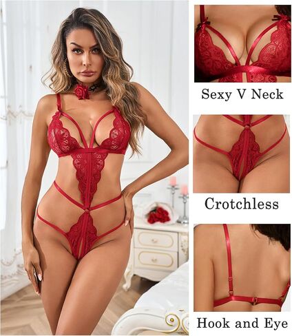 Kolagri Sexy Crotchless Lingerie for Women Naughty One Piece Deep V Lace Bodysuit Cut Out Teddy Babydoll Nightgown in Kuwait