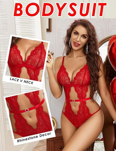Avidlove Sexy Lingerie for Women Lace Bodysuit V Neck Teddy Lingerie One Piece Mini Babydoll in Kuwait