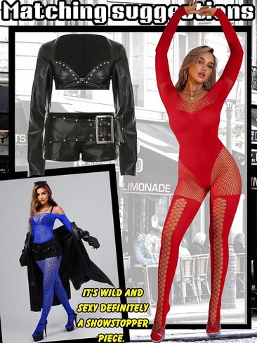 Womens Sexy Full Fishnet Bodysuit, One Piece Mesh Lace Jumpsuit Body Stockings, Rave Club Poster Exotic Dancer Outfit in Saudi Arabia