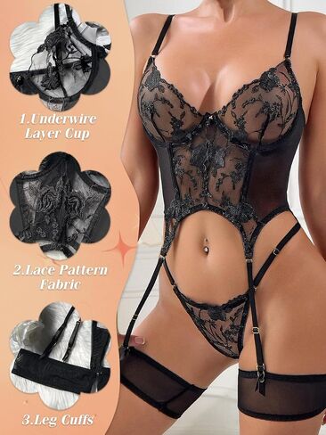 مجموعات الملابس الداخلية المثيرة للنساء الراقية ، الدانتيل النسائي مشد دانست Teddy Lingerie 3 قطعة مع حزام الرباط in Kuwait