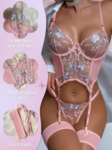 مجموعات الملابس الداخلية المثيرة للنساء الراقية ، الدانتيل النسائي مشد دانست Teddy Lingerie 3 قطعة مع حزام الرباط in Kuwait