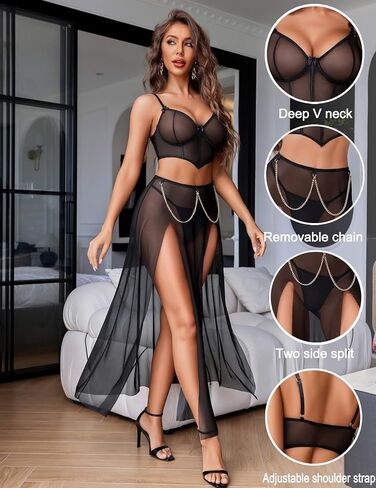 Avidlove Women Lingerie Babydoll Chemise 3 Piece Set Mesh Side Split Nightgown in Kuwait