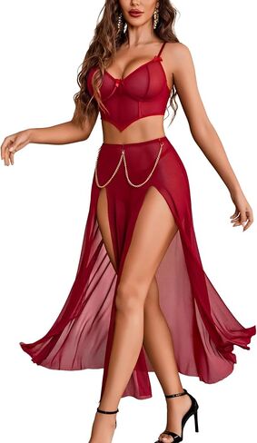 Avidlove Women Lingerie Babydoll Chemise 3 Piece Set Mesh Side Split Nightgown in Saudi Arabia