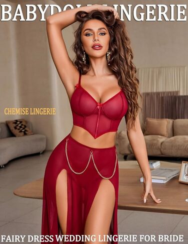 Avidlove Women Lingerie Babydoll Chemise 3 Piece Set Mesh Side Split Nightgown in Saudi Arabia