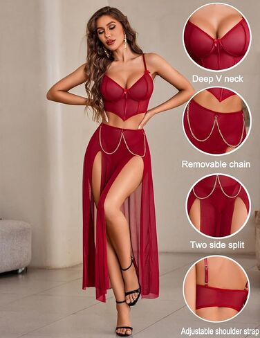 Avidlove Women Lingerie Babydoll Chemise 3 Piece Set Mesh Side Split Nightgown in Saudi Arabia