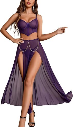 Avidlove Women Lingerie Babydoll Chemise 3 Piece Set Mesh Side Split Nightgown in Kuwait