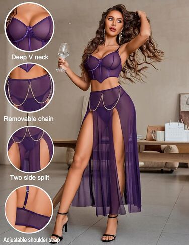 Avidlove Women Lingerie Babydoll Chemise 3 Piece Set Mesh Side Split Nightgown in Kuwait