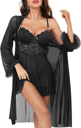 مجموعة الملابس الداخلية مثير للنساء ، 3 قطع Babydoll مع شبكة Kimono Robe & Lace Banty ، الدانتيل Teddy Chemise Nightwear in Kuwait