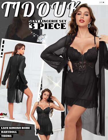 مجموعة الملابس الداخلية مثير للنساء ، 3 قطع Babydoll مع شبكة Kimono Robe & Lace Banty ، الدانتيل Teddy Chemise Nightwear in Kuwait