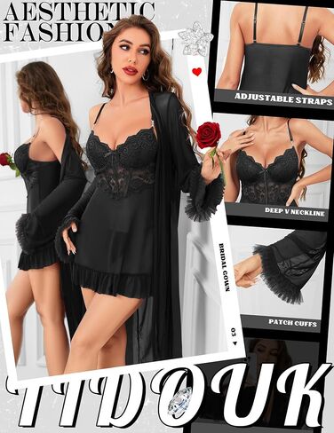 مجموعة الملابس الداخلية مثير للنساء ، 3 قطع Babydoll مع شبكة Kimono Robe & Lace Banty ، الدانتيل Teddy Chemise Nightwear in Kuwait