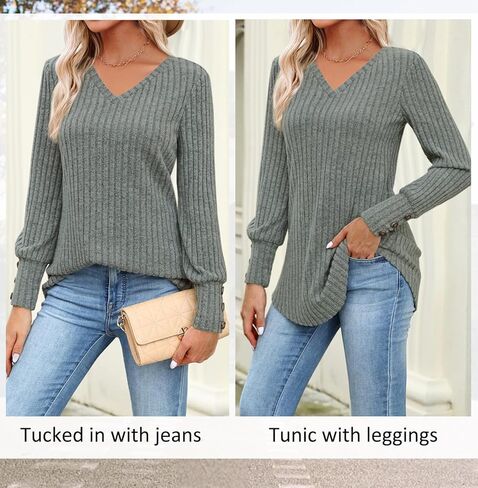 Zattcas Womens Dressy Pullover V Neck Sweaters Fall Clothes 2025 Curved Hem Puff Long Sleeve Shirts Loose Fit Tunic Tops in Kuwait