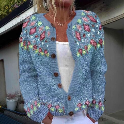 Womens Fair Isle Cardigan Sweater Vintage Button Up Knit Cardigans Colorful Lightweight Argyle Sweaters Fall Clothes in Saudi Arabia