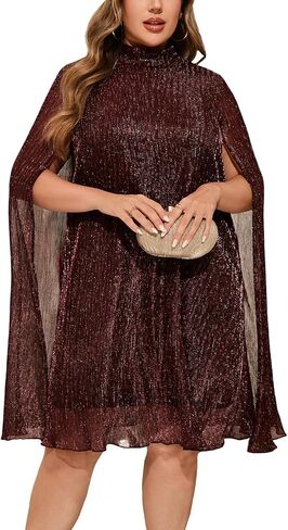 ZOMVA Plus Size Sparkly Cape Sleeve Short Dress High Neck Loose Fit Flowy Dresses Cocktail Party Dress in Saudi Arabia