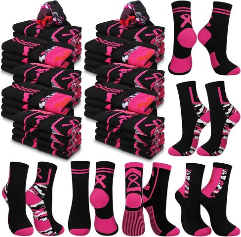 100 Pairs Pink Ribbon Socks Bulk Breast Cancer Football Crew Socks Pink out Day Accessories Breast Cancer Awareness Gifts Bags Item for Youth Football Softball Cheer Team Fundraising Event in Kuwait