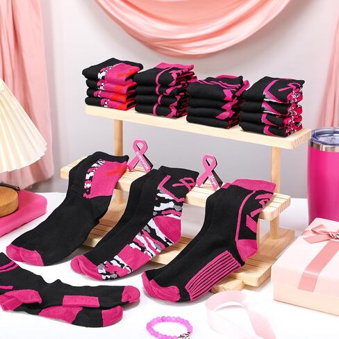 100 Pairs Pink Ribbon Socks Bulk Breast Cancer Football Crew Socks Pink out Day Accessories Breast Cancer Awareness Gifts Bags Item for Youth Football Softball Cheer Team Fundraising Event in Kuwait