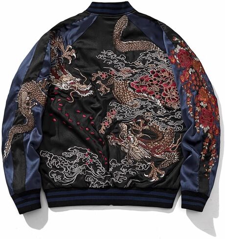 Reversible Streetwear Men Japanese Style Dragon Embroidery Bomber Jacket Stain Full-Zip Vintage Windbreaker in Kuwait