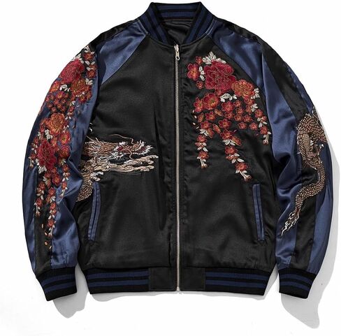 Reversible Streetwear Men Japanese Style Dragon Embroidery Bomber Jacket Stain Full-Zip Vintage Windbreaker in Kuwait