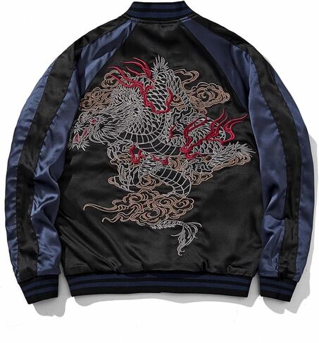 Reversible Streetwear Men Japanese Style Dragon Embroidery Bomber Jacket Stain Full-Zip Vintage Windbreaker in Kuwait