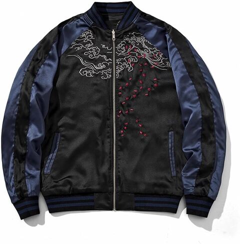 Reversible Streetwear Men Japanese Style Dragon Embroidery Bomber Jacket Stain Full-Zip Vintage Windbreaker in Kuwait