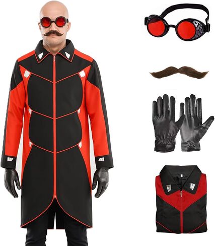 البالغين دكتور الشرير زي Cosplay أسود ريد سترة معطف للرجال ملابس عيد الهالوين مع نظارات قفازات السترة واللحية in Saudi Arabia