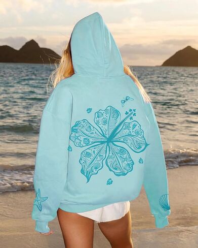 Oversized Graphic Hoodie for Teens Girl Y2K Ocean Floral Embroidered Preppy Hooded Sweatshirt Cute Aesthetic Sweater in Saudi Arabia