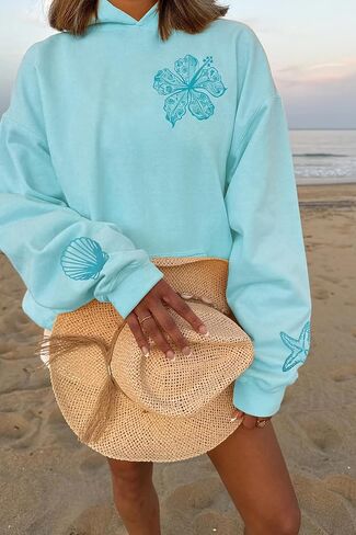 Oversized Graphic Hoodie for Teens Girl Y2K Ocean Floral Embroidered Preppy Hooded Sweatshirt Cute Aesthetic Sweater in Saudi Arabia