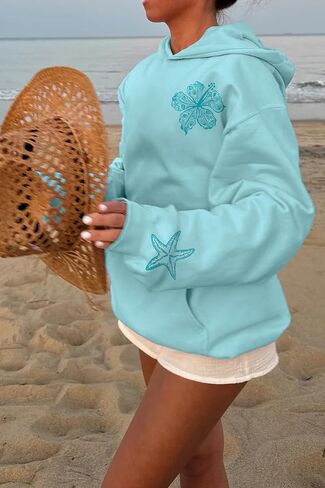 Oversized Graphic Hoodie for Teens Girl Y2K Ocean Floral Embroidered Preppy Hooded Sweatshirt Cute Aesthetic Sweater in Saudi Arabia