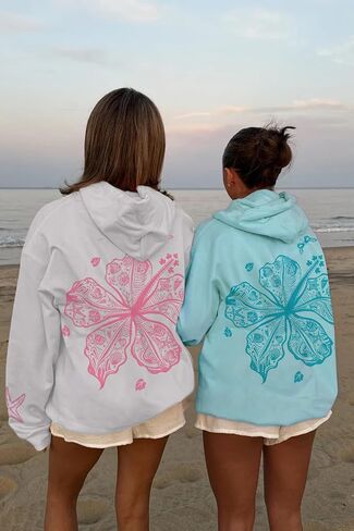 Oversized Graphic Hoodie for Teens Girl Y2K Ocean Floral Embroidered Preppy Hooded Sweatshirt Cute Aesthetic Sweater in Saudi Arabia