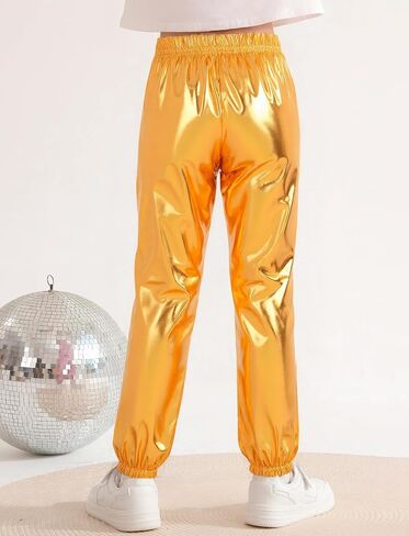Girls Shiny Metallic Pants Sparkle Jogger Pants Hip Hop Trousers Dance Streetwear Outfits 3-14Years in Saudi Arabia
