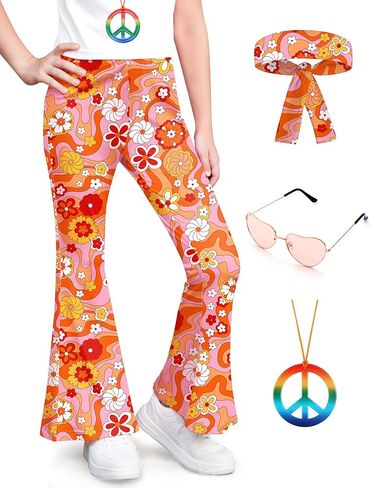 BesserBay Girls Halloween 4 Pcs Floral Print Hippie High Waist Flared Pants with Pockets Headband Sunglasses 4-12 Years in Saudi Arabia