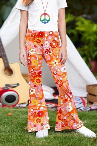 BesserBay Girls Halloween 4 Pcs Floral Print Hippie High Waist Flared Pants with Pockets Headband Sunglasses 4-12 Years in Saudi Arabia