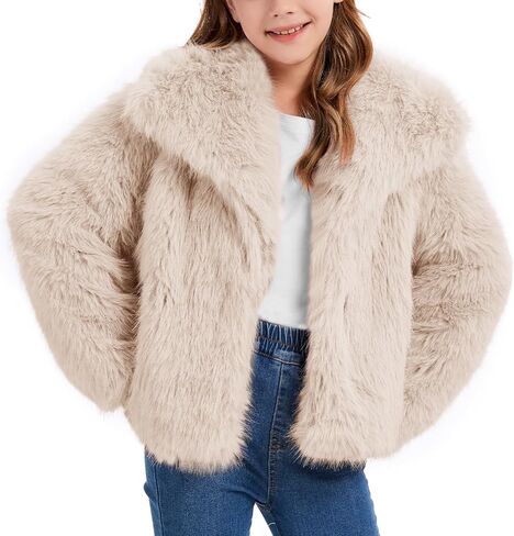 Flygo Girls Faux Fur Coat Kids Fluffy Long Sleeve Lapel Collar Open Front Jacket Warm Winter Shaggy Outwear with Pockets in Saudi Arabia