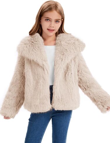 Flygo Girls Faux Fur Coat Kids Fluffy Long Sleeve Lapel Collar Open Front Jacket Warm Winter Shaggy Outwear with Pockets in Saudi Arabia