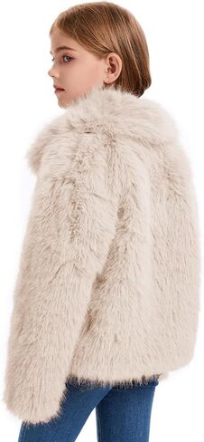 Flygo Girls Faux Fur Coat Kids Fluffy Long Sleeve Lapel Collar Open Front Jacket Warm Winter Shaggy Outwear with Pockets in Saudi Arabia