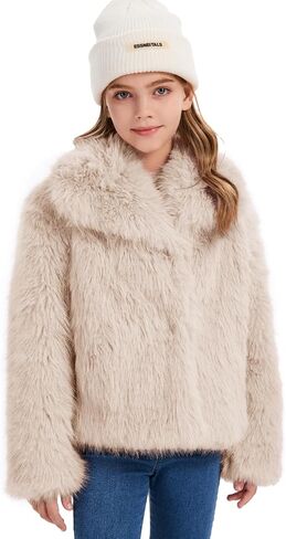 Flygo Girls Faux Fur Coat Kids Fluffy Long Sleeve Lapel Collar Open Front Jacket Warm Winter Shaggy Outwear with Pockets in Saudi Arabia