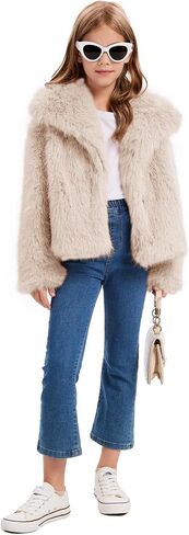 Flygo Girls Faux Fur Coat Kids Fluffy Long Sleeve Lapel Collar Open Front Jacket Warm Winter Shaggy Outwear with Pockets in Saudi Arabia