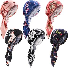 6 Pcs Chemo Headwear for Women Pre Tied Head Scarf Beanies Cover Cap Lightweight Stretch Ruffle Print Turban Hat in Kuwait