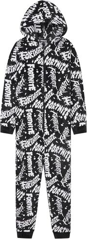 Fortnite One Piece Pajamas for Boys, Teens, Fleece Jumpsuit, Hooded Sleepwear, Cozy Gamer PJ, Loungewear PJs, Gifts for Boys (9-10 Years, Black/White) in Kuwait
