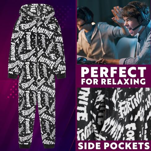 Fortnite One Piece Pajamas for Boys, Teens, Fleece Jumpsuit, Hooded Sleepwear, Cozy Gamer PJ, Loungewear PJs, Gifts for Boys (9-10 Years, Black/White) in Kuwait