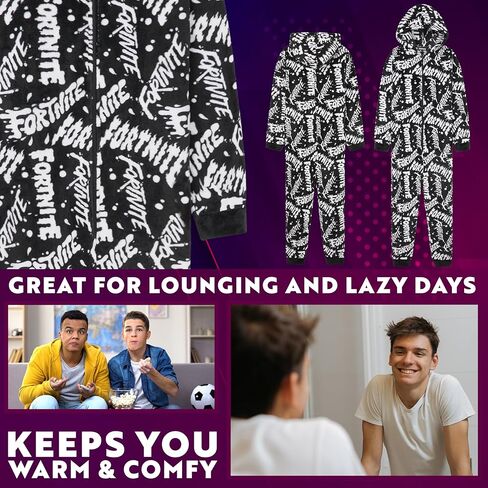 Fortnite One Piece Pajamas for Boys, Teens, Fleece Jumpsuit, Hooded Sleepwear, Cozy Gamer PJ, Loungewear PJs, Gifts for Boys (9-10 Years, Black/White) in Kuwait