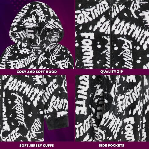 Fortnite One Piece Pajamas for Boys, Teens, Fleece Jumpsuit, Hooded Sleepwear, Cozy Gamer PJ, Loungewear PJs, Gifts for Boys (9-10 Years, Black/White) in Kuwait